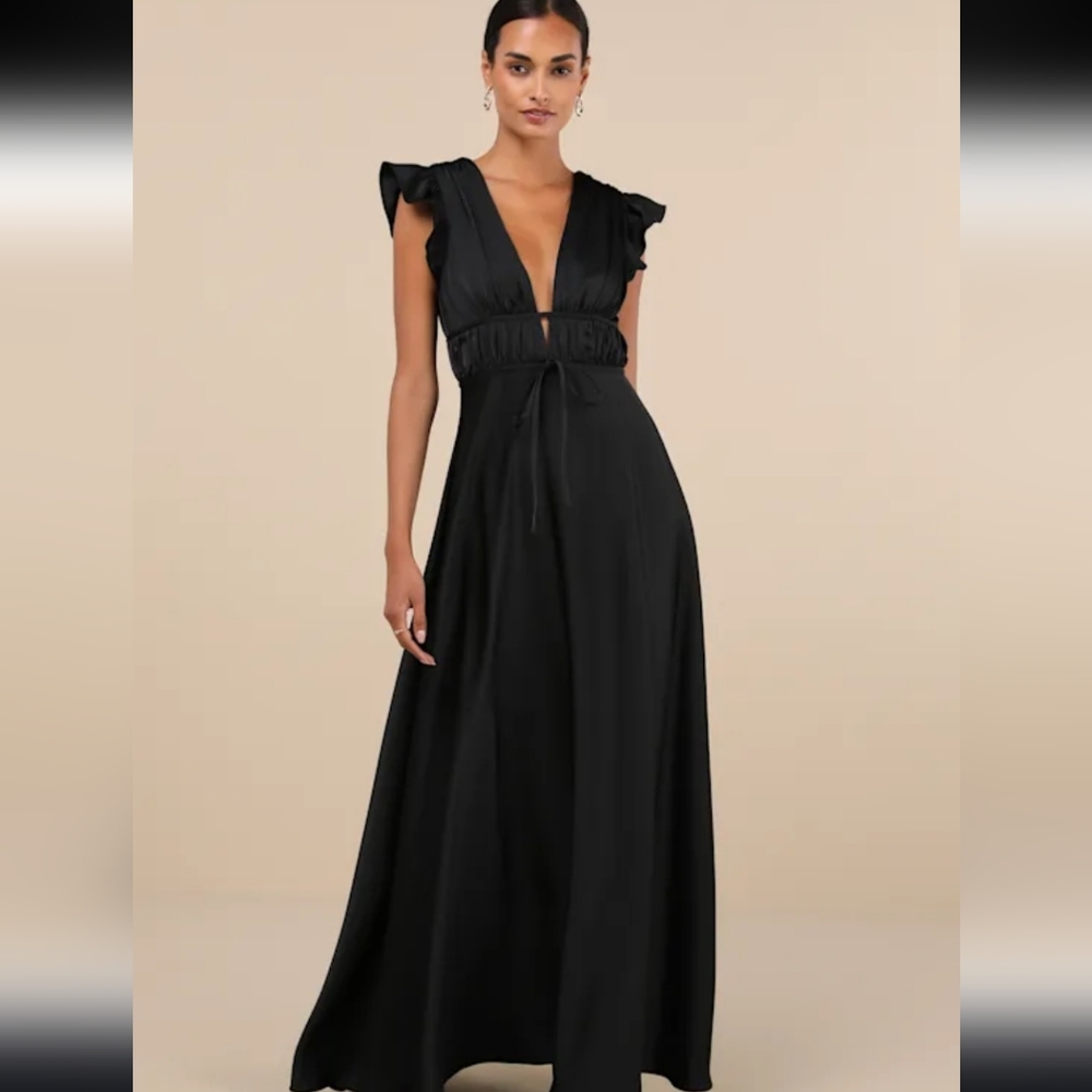 Lulus Black Satin Maxi Dress L - Picture 2 of 6